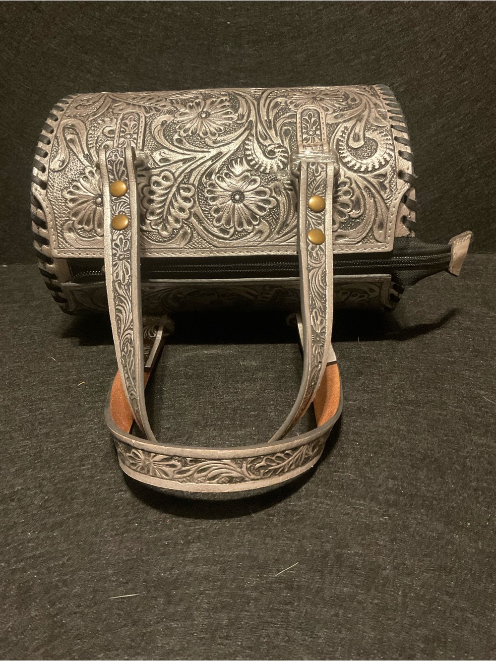 Silver Small Tooled Western Floral Leather Speedy w/adjustable detachable strap - Picture 6 of 9